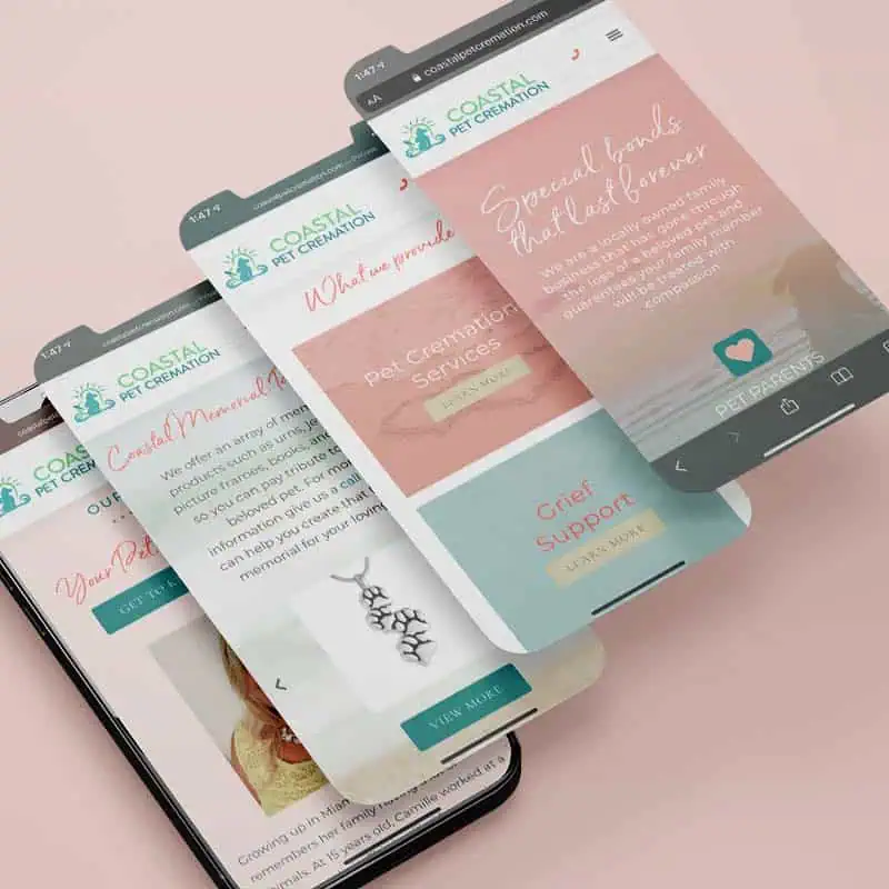 Four different screen views of the Coastal Pet Cremation responsive mobile website against a soft pink backdrop