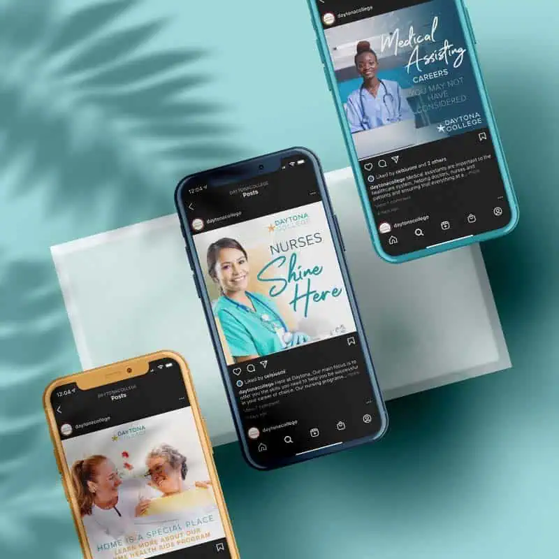 Three colorful iphones displaying Instagram posts from Daytona College against a teal backdrop with a fern shadow