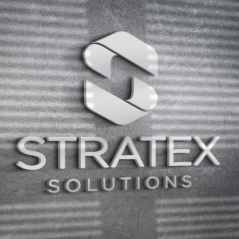 3D Stratex Solutions corporate signage on gray marble wall